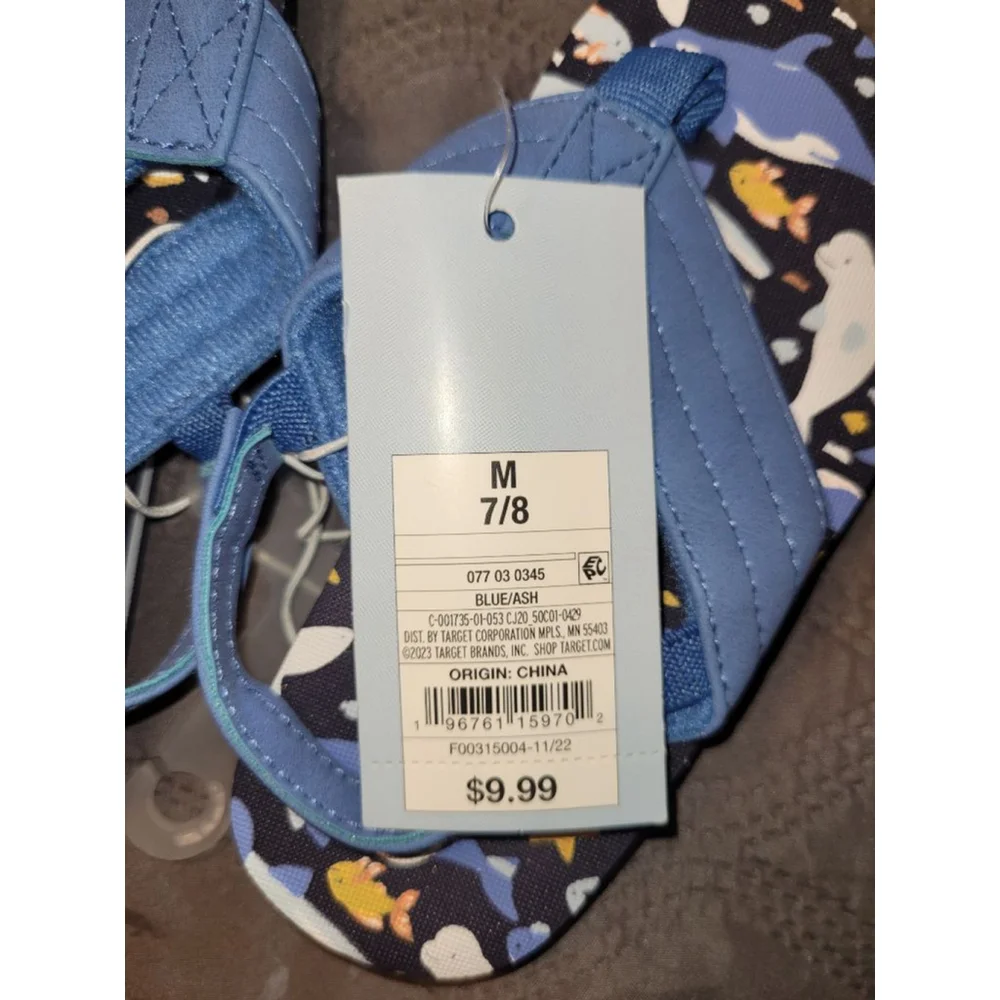 Boys Cat & Jack Blue White Whale Print Toddler Flip Flops 7.5